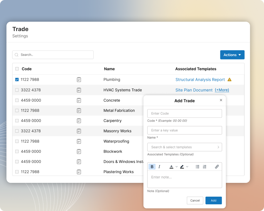 Divisions Trades Setup for BidPackages preconstruction software