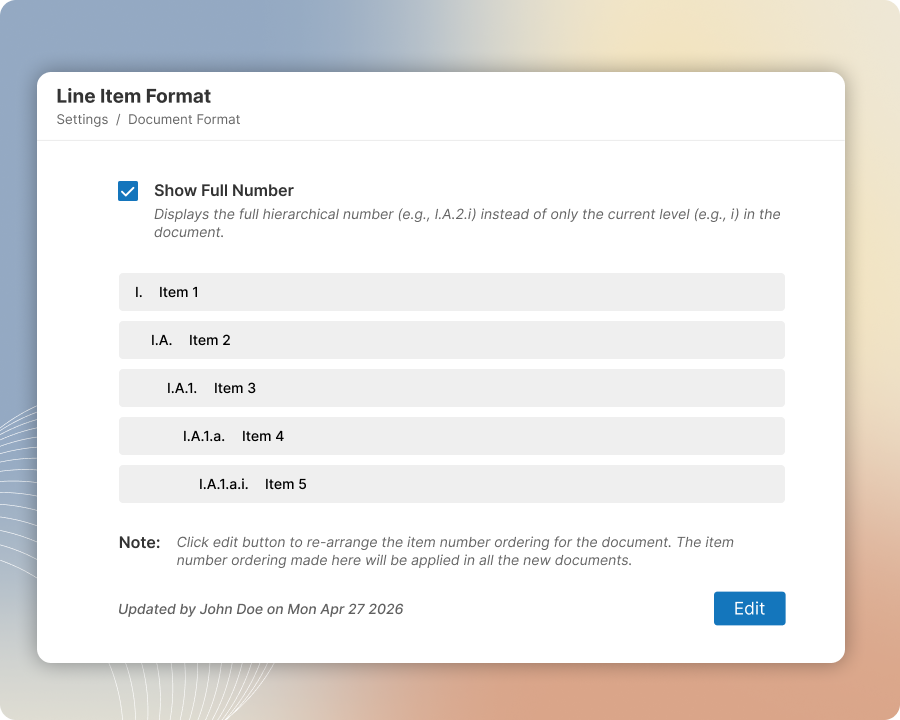 List Item Numbering bid package exhibits standardization by Zurel ScopeMaker
