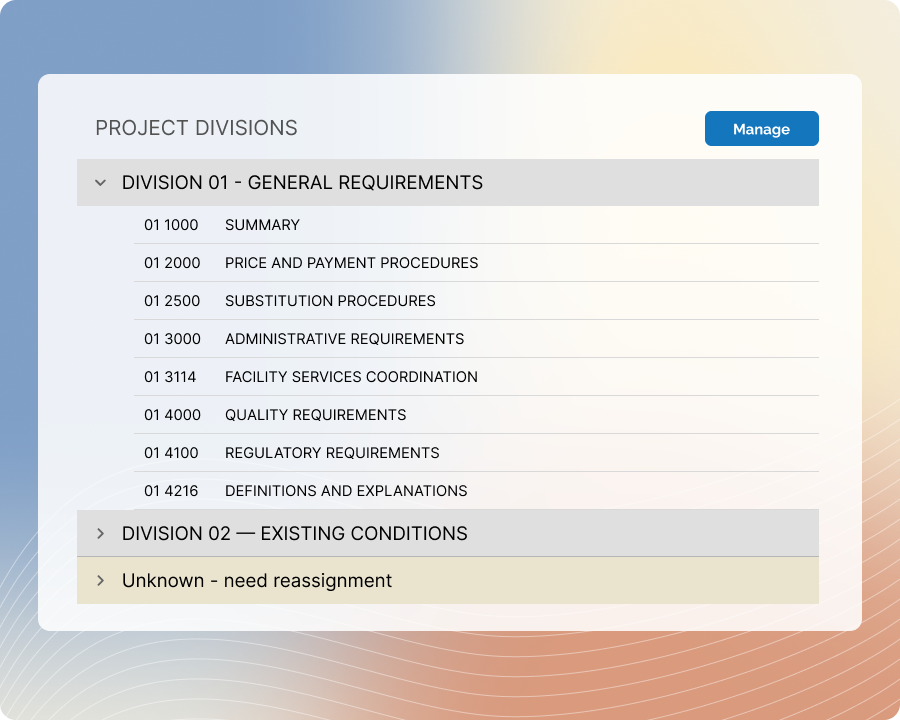 Tailor Project Divisions and Specs - Zurel Construction software for contractors