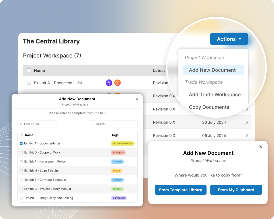 Organize common exhibits and trade-specific scope templates in one place