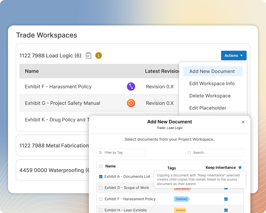 Organize trade-specific scope exhibits and related project exhibits by trade